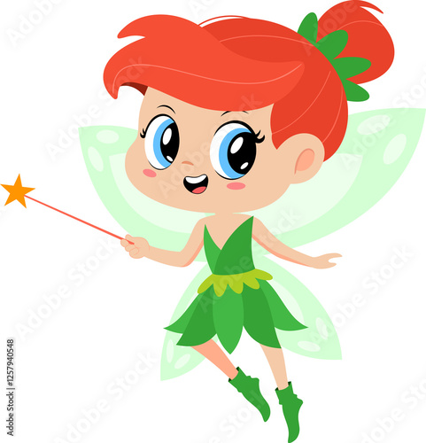 Cute Tooth Fairy Girl Cartoon Character Flying With Magic Wand