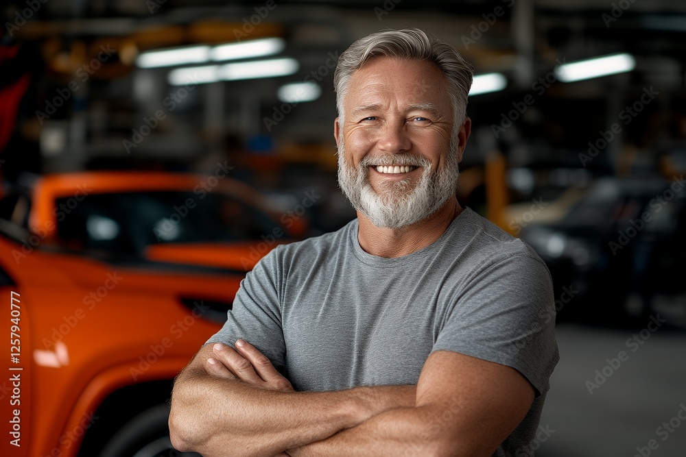 A smiling senior auto mechanic with arms crossed stands proudly in his workshop A smiling senior auto mechanic with arms crossed stands proudly in his workshop
