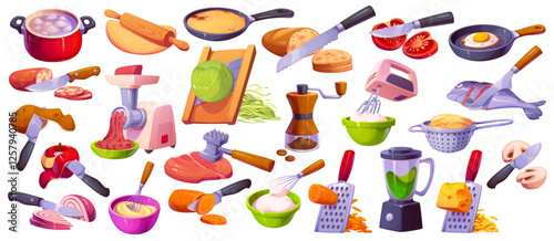 Cook food or cooking process and preparation tools, vector cartoon icons. Food processing utensils and cooking kitchenware icons of grater and meat grinder or mincer with blender, knife and colander
