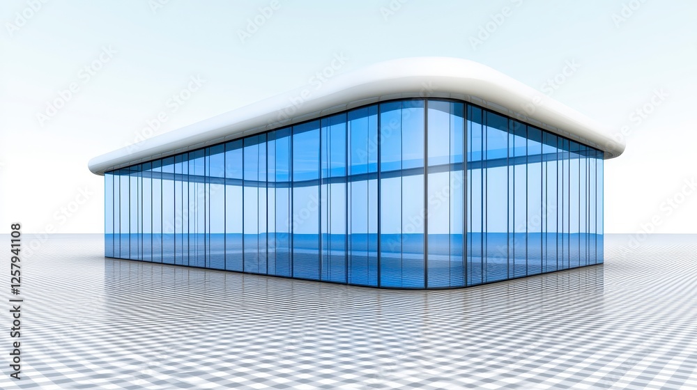Fototapeta premium Modern glass building with blue windows on a white background with a patterned floor. The building has a smooth, curved roof and is rectangular with