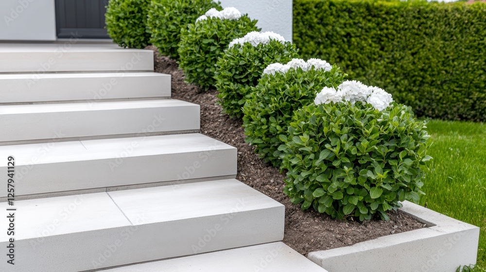 Naklejka premium Exterior stone steps leading to a modern home, flanked by neatly trimmed, rounded white flowers and green bushes. Light gray stone steps ascend to a