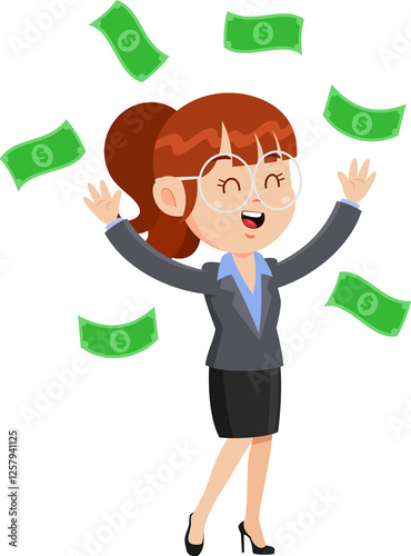 Happy Business Woman Cartoon Character Tossing Money Up In The Air