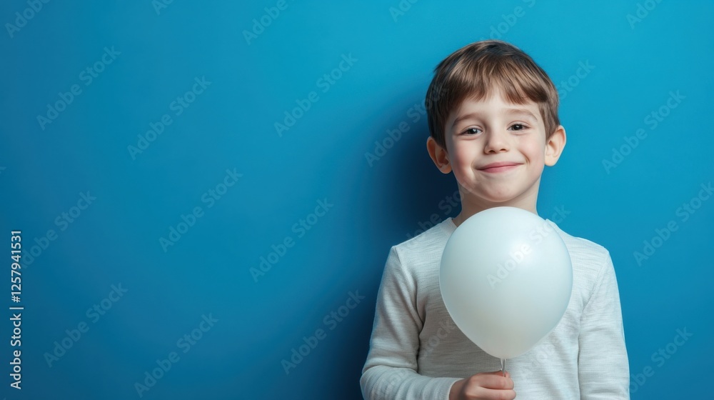 happy boy holding white balloon against blue background