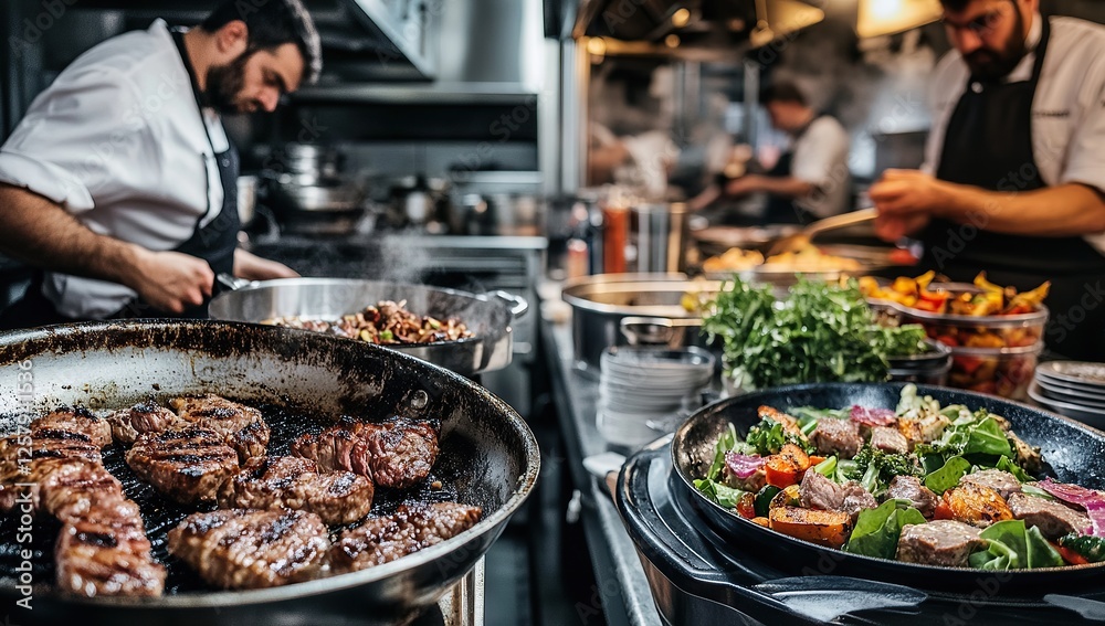A photo of an array of mouthwatering food on the left side, including grilled meat and vegetables A photo of an array of mouthwatering food on the left side, including grilled meat and vegetables