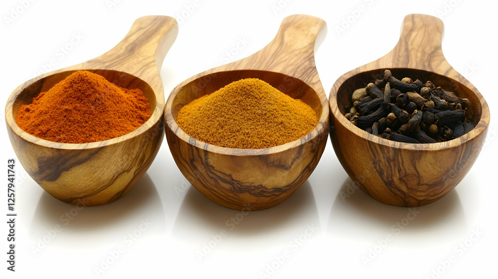 Spices in wooden spoons