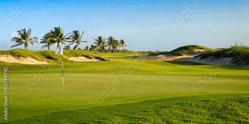 golf course on the beach, Beautiful golf course,A pristine golf course with lush green fairways and a flag marking the hole, set against the stunning backdrop of the ocean and rolling dunes