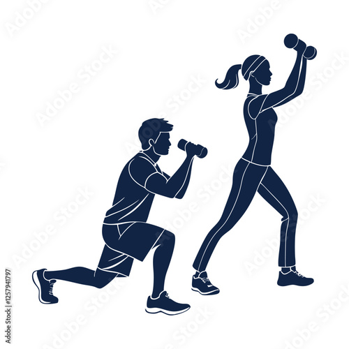 Silhouettes of a man and woman exercising with dumbbells vector illustrator