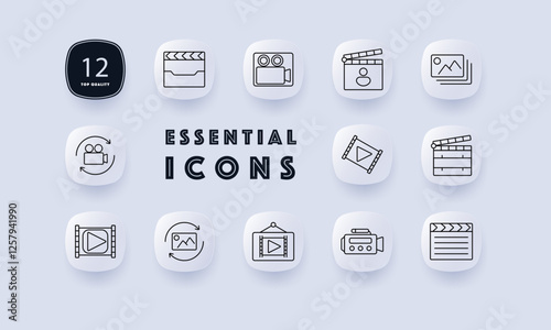 Video production set icon. Clapperboard, camera, movie recording, photo gallery, video play, filmmaking, media editing, animation, storyboard, content creation