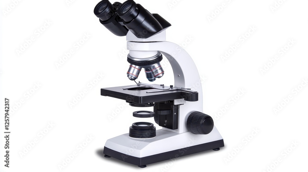 High angle, studio shot of a modern, white and black microscope. The microscope features two eyepieces, a stage, and adjustable knobs, all detailed High angle, studio shot of a modern, white and black microscope. The microscope features two eyepieces, a stage, and adjustable knobs, all detailed
