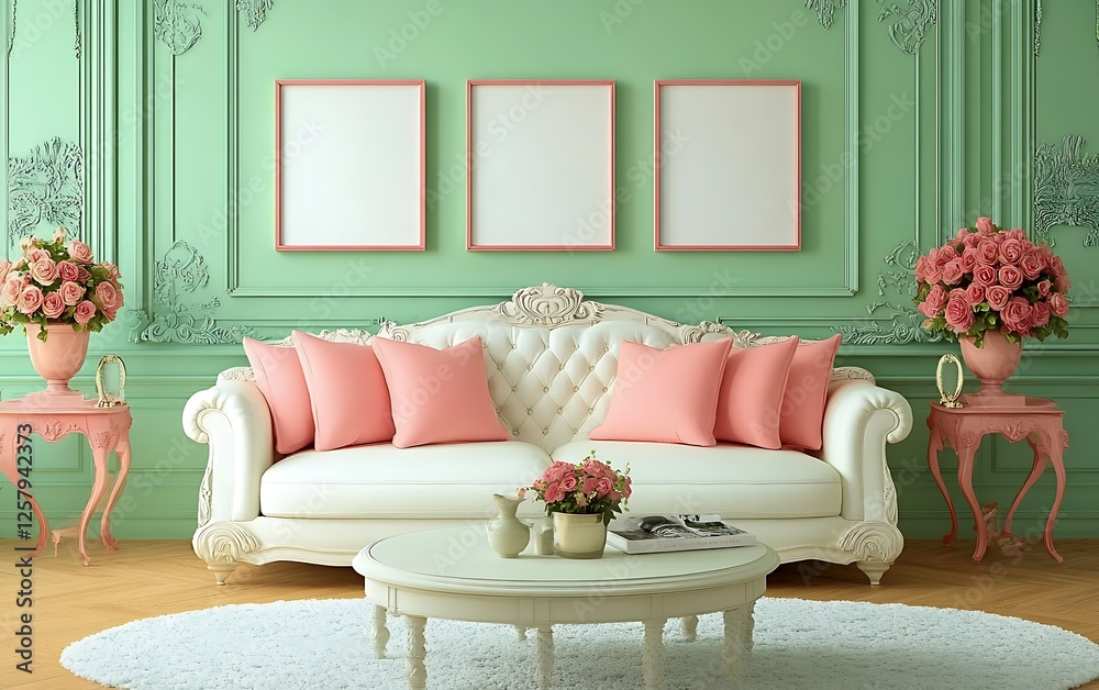 Obraz premium Elegant living room, pastel decor, floral accents, mock-up frames, interior design