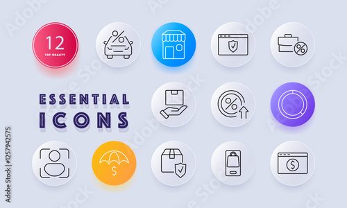 Business and commerce set icon. Storefront, online security, taxation, delivery, financial growth, investment, percentage increase, insurance, shopping, payment, economic planning