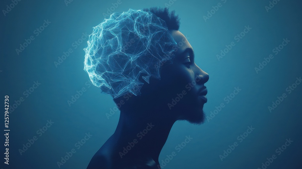 Obraz premium Man profile silhouette with abstract polygonal brain on blue background. Artificial intelligence and brainstorm concept. 3D Rendering.