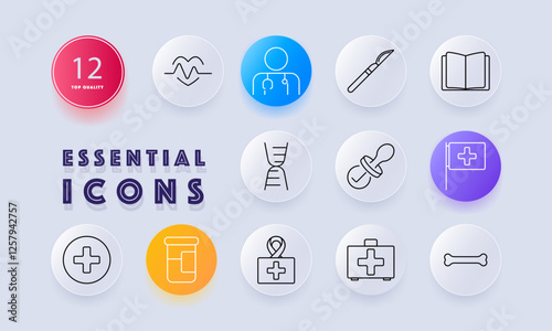 Medical profession set icon. Heartbeat, doctor, scalpel, medical book, pacifier, hospital flag, prescription, first aid, awareness, healthcare tools