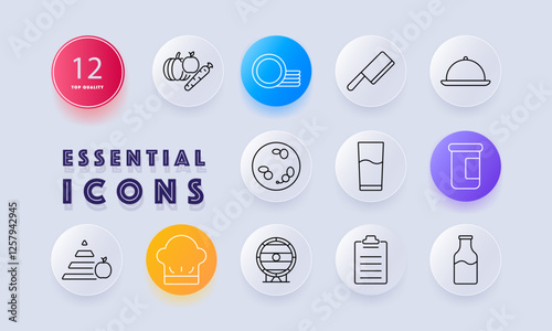 Food industry and nutrition set icon. Fresh produce, meal preparation, kitchen tools, food service, storage, diet, hydration, culinary skills, nutrition, ingredients