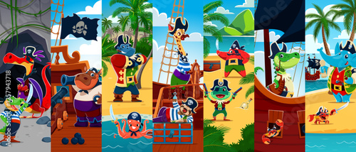 Cartoon funny animal pirate and corsair characters collage. Vector happy crocodile, elephant, giraffe and dragon pirate captains, hippo, monkey and octopus animal sailors on ship and treasure island