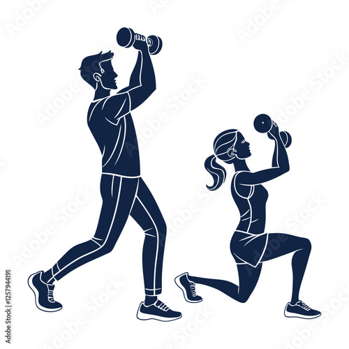 Silhouettes of a man and woman exercising with dumbbells vector illustrator