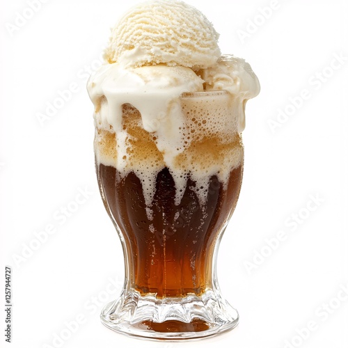 Creamy Vanilla Ice Cream Scoops Melting on Top of a Frothy Root Beer Float in Glass