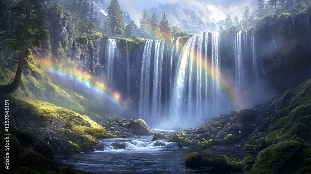 Fototapeta premium Cascading Waterfall with Rainbow Splendor Amidst Lush Forest Landscape