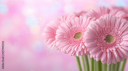 Pink gerbera daisies bouquet, soft background, floral arrangement, romantic greeting card