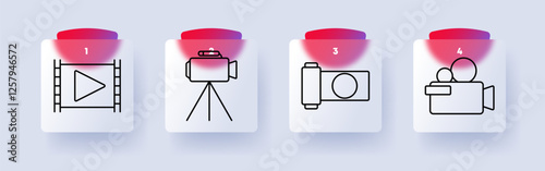 Video and recording set icon. Film strip, tripod camera, handheld camera, video recording