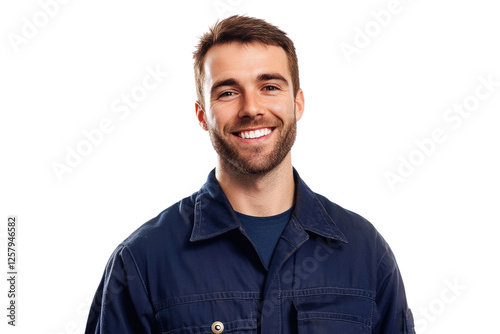 Professional mechanic wearing dark blue coveralls smiling warmly isolated on white or transparent, PNG photo