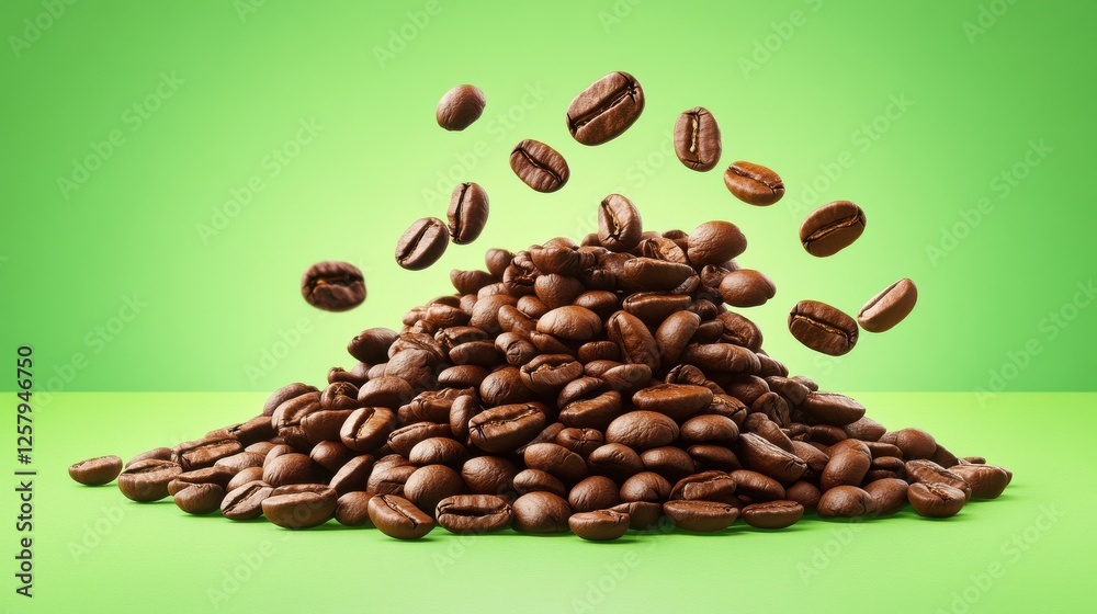 Obraz premium Coffee beans on green backdrop with falling beans on top of a pile