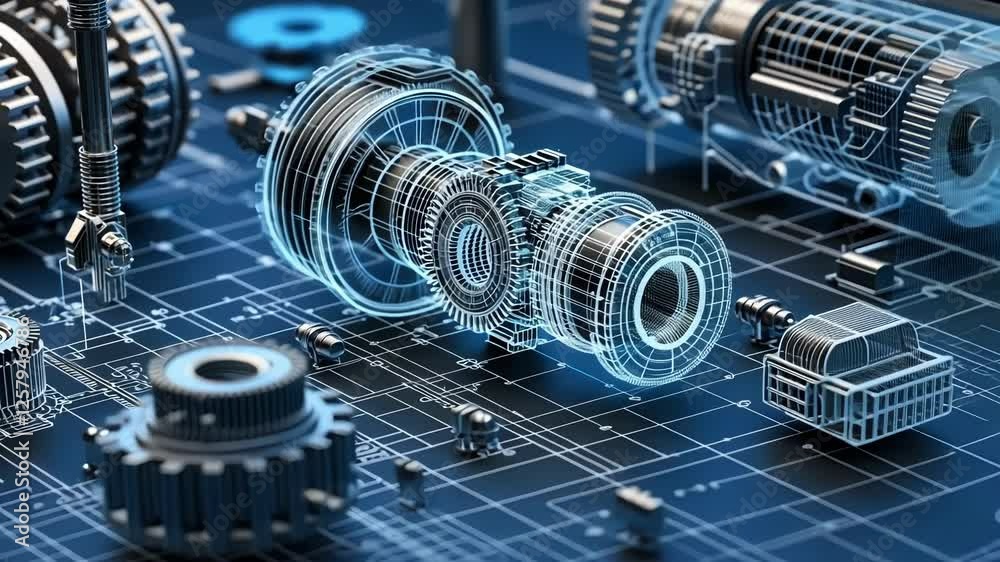 Complex engine part design hologram floating over blueprint being projected in augmented reality, showcasing innovative automotive engineering and futuristic manufacturing process