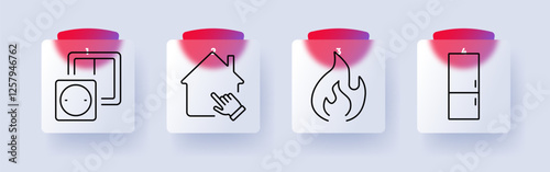 Home and energy set icon. Power socket, smart home, fire, refrigerator