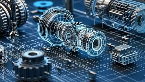 Complex engine part design hologram floating over blueprint being projected in augmented reality, showcasing innovative automotive engineering and futuristic manufacturing process