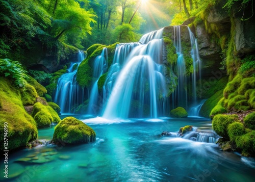 Crystalline turquoise cascades over mossy rocks in a temperate rainforest; a candid capture.