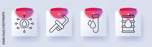 Water management set icon. Water network, pipe leak, test tube, oil barrel