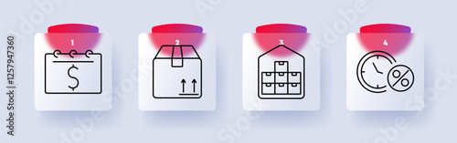 Finance and logistics set icon. Payment schedule, package delivery, warehouse storage, interest rates, economic planning, business operations, supply chain management, time-based discounts