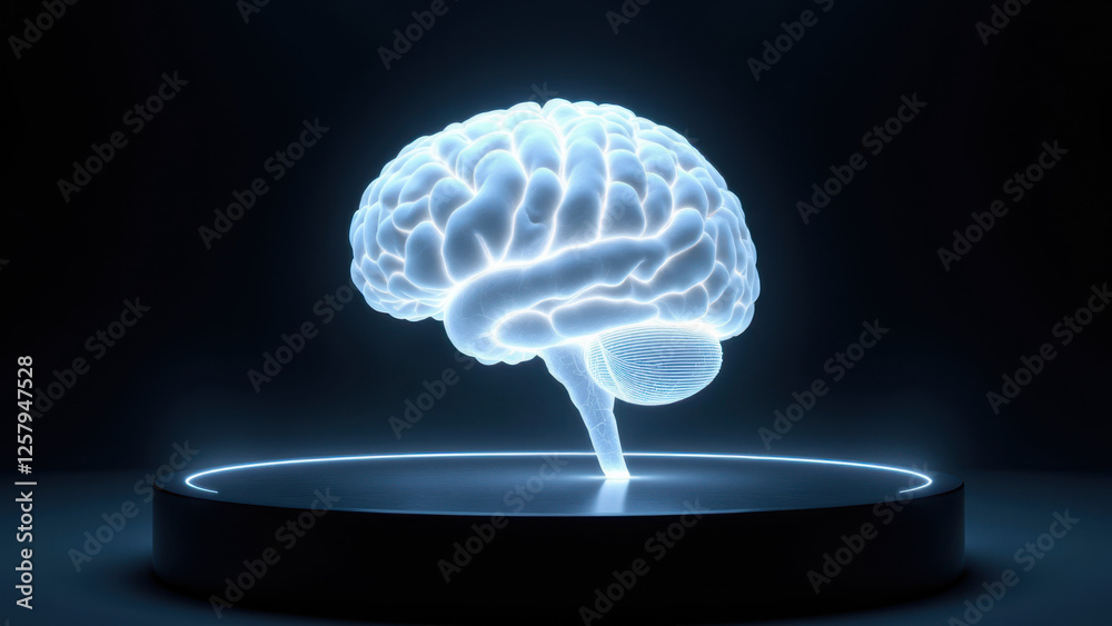 A glowing model human brain centered on a base with a dark background, representing artificial intelligence or advanced technology. A glowing model human brain centered on a base with a dark background, representing artificial intelligence or advanced technology.