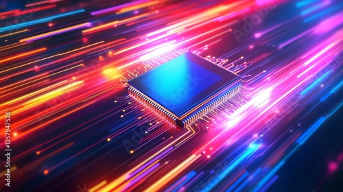 A vibrant illustration of a computer chip surrounded by dynamic, colorful light trails, symbolizing speed and technology.