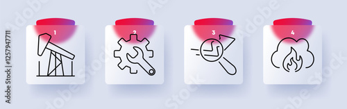 Oil and gas set icon. Pumpjack, gear wrench, market analysis, gas emissions