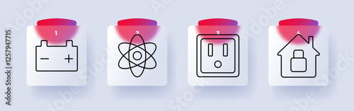 Energy and home security set icon. Battery power, atomic energy, electrical outlet, home safety, energy efficiency, sustainability, smart home, technological advancement