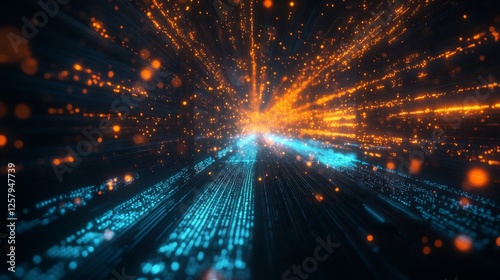 A vibrant digital tunnel of blue and orange particles, illustrating a dynamic flow of data in a futuristic, abstract environment.