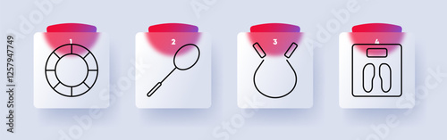 Health and wellness set icon. Swimming, badminton, jump rope, weight scale, physical activity, fitness training, sports therapy, personal well-being, active lifestyle
