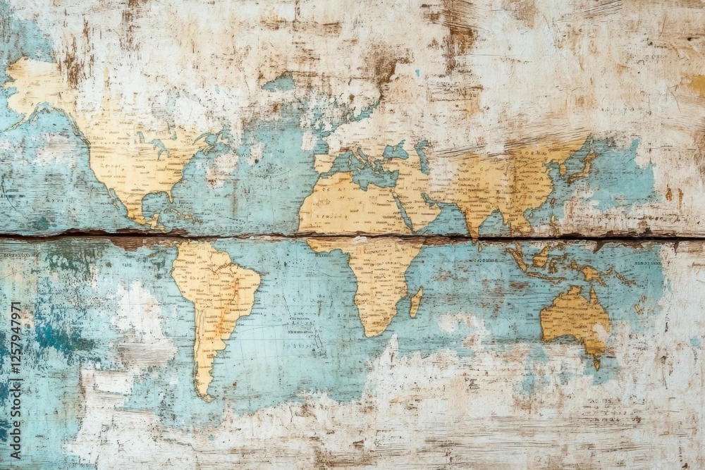 Obraz premium World map printed on aged rustic wood paneling surface
