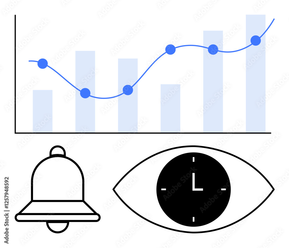 Line graph with data points over bars, bell icon for alerts, eye with clock indicating time monitoring. Ideal for analytics, reminders, time management, productivity, focus, alerts abstract line Line graph with data points over bars, bell icon for alerts, eye with clock indicating time monitoring. Ideal for analytics, reminders, time management, productivity, focus, alerts abstract line