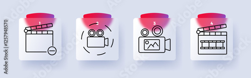 Video production set icon. Clapperboard, filming camera, video recording, movie production, multimedia, entertainment, filmmaking, content creation