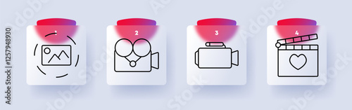 Video and media production set icon. Image processing, vintage camera, video recording, clapperboard with heart, filmmaking, multimedia, content creation