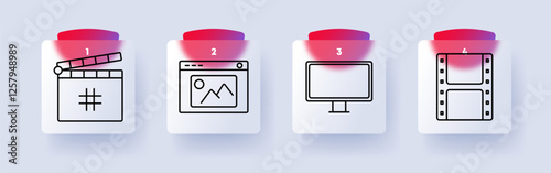 Digital media set icon. Clapperboard, webpage image, desktop screen, film strip, multimedia, content creation, entertainment, video editing