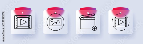 Video editing and content creation set icon. Play button, image file, clapperboard with plus sign, video processing, multimedia, streaming, filmmaking, digital media