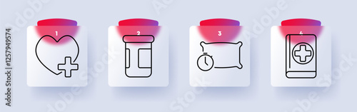 Healthcare and wellness set icon. Heart with medical cross, pill bottle, sleep schedule, first aid book, health, medication, self-care, emergency aid