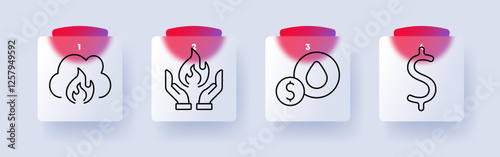 Fire and finance set icon. Fire cloud, safety hands, oil investment, dollar currency, crisis management, protection, economy, financial market