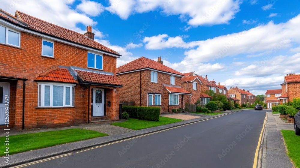 Row of terraced brick houses with red tiled roofs, situated along a street with a paved road and grassy areas. The houses have white windows and Row of terraced brick houses with red tiled roofs, situated along a street with a paved road and grassy areas. The houses have white windows and