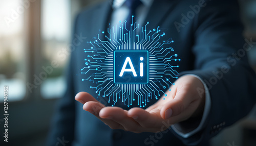 A businessman holding a glowing AI symbol in his hand, symbolizing cutting-edge digital technology, innovation, and artificial intelligence in modern industries and technology-driven fields.