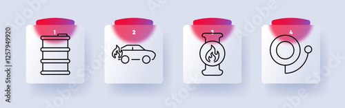 Fire safety and fuel set icon. Oil barrel, burning car, gas heater, fire hose, emergency response, energy crisis, fuel management, accident prevention