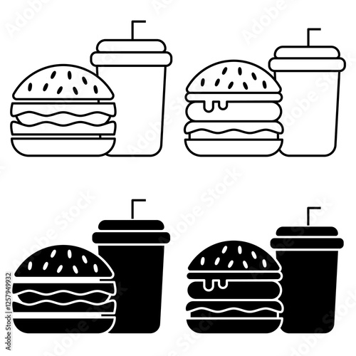 Fast Food Unhealthy Diet Icon Set. Vector Linear Illustration of Burger and Soda. Fast Food Unhealthy Diet in Line Style Design. Burger and Soda Symbol.